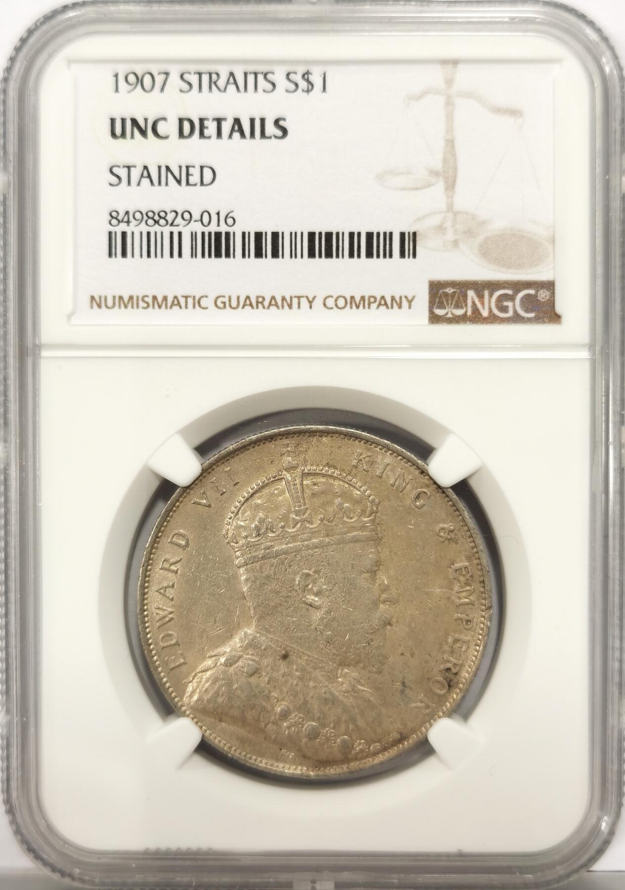 博洋堂德系小专场暨第132期（全场包邮） NGC UNC 英属海峡1907年爱德华七世一元银币，底板带原光，流通充分品种，UNC相当少见。