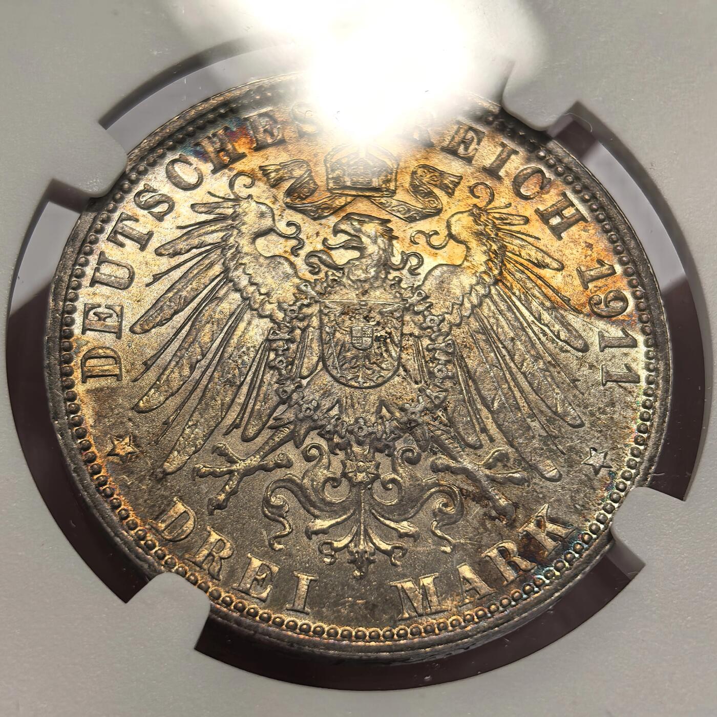 博洋堂德系小专场暨第132期（全场包邮） NGC MS63 德国巴伐利亚1911年柳特波德3马克银币 原光五彩