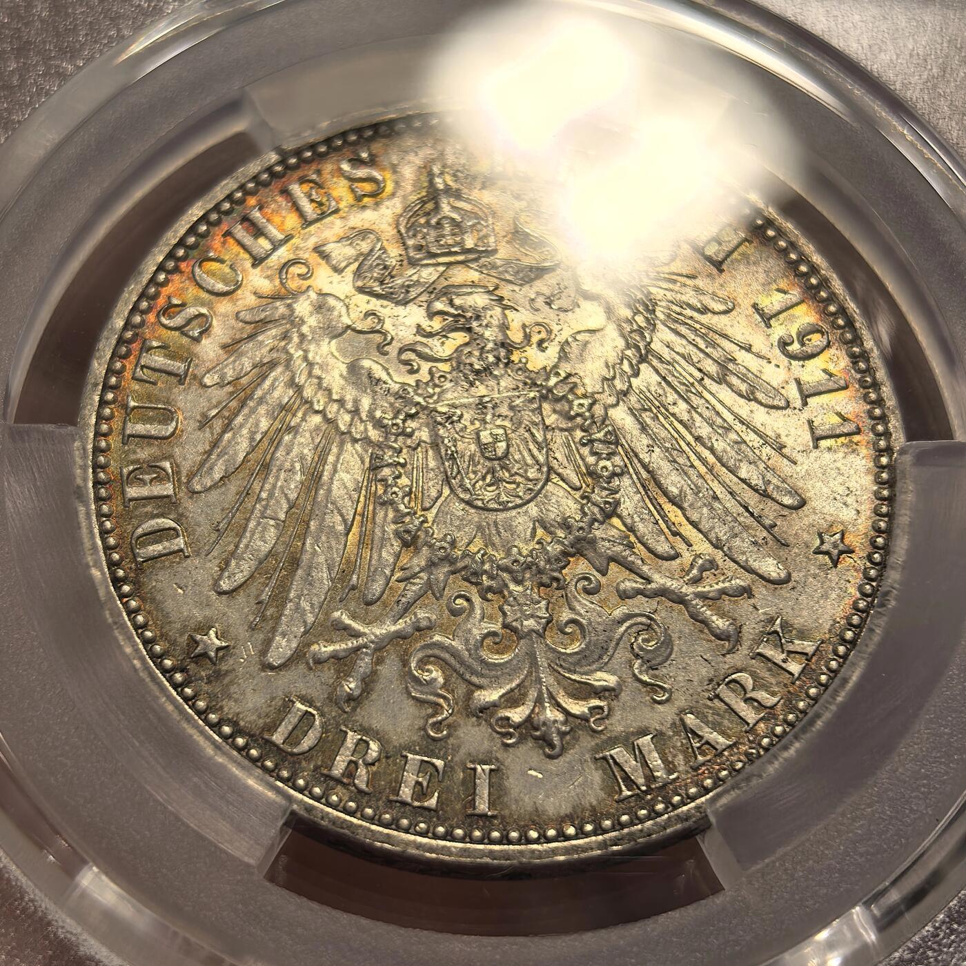 博洋堂德系小专场暨第132期（全场包邮） PCGS MS65+ 德国汉堡自由市1913年流通3马克银币，炫彩！