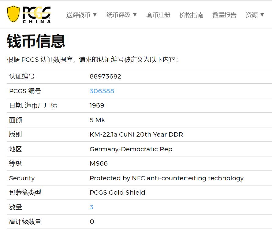 博洋堂德系小专场暨第132期（全场包邮） PCGS MS66 少见白铜版冠军分！民主德国东德1969年建国5马克，BU品书价90美元！