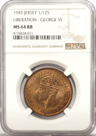 博洋堂德系小专场暨第132期（全场包邮） - NGC MS64RB 泽西1945年1/12先令，乔治六世版