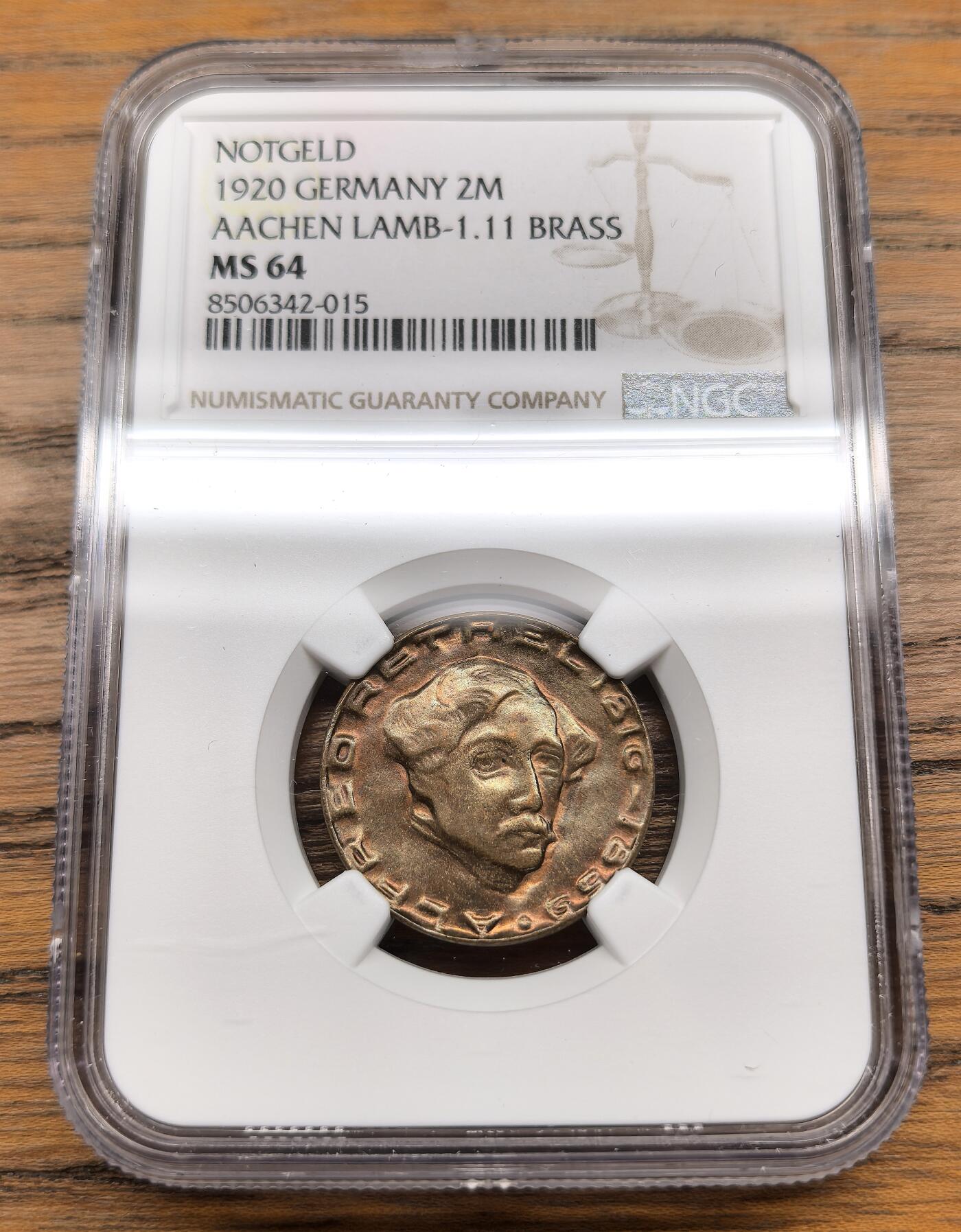 凡希社世界钱币微拍月度大拍（2025/07） 1920德紧亚琛2马克黄铜币NGC-MS64
