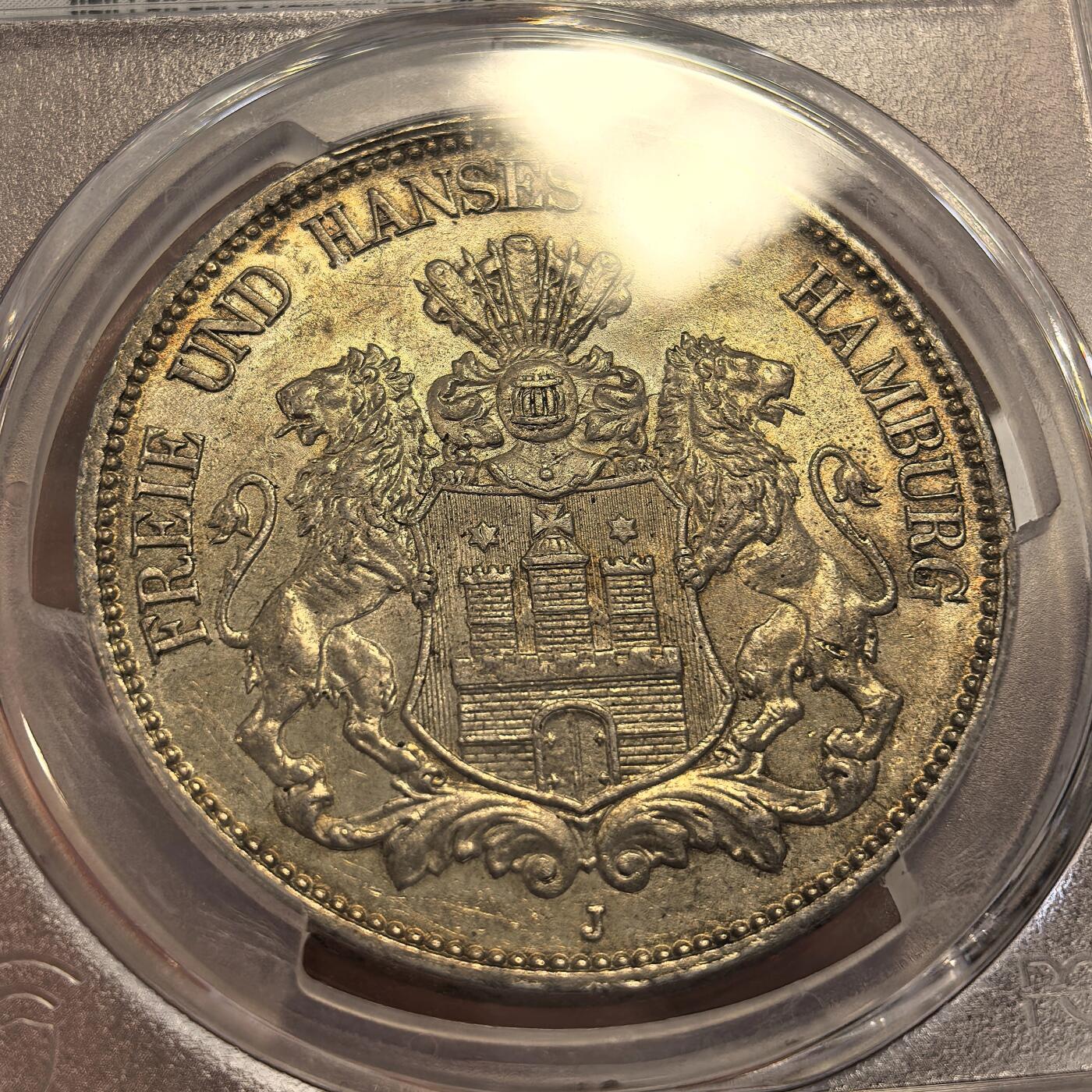 博洋堂德系小专场暨第132期（全场包邮） PCGS MS64 德国汉堡自由市1913年流通5马克银币，金色包浆，状态极佳！