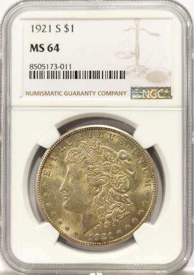 博洋堂德系小专场暨第132期（全场包邮） - NGC MS64 美国1921年S版摩根银币，少见版别，高分国内少见，NGC指导价325美元。