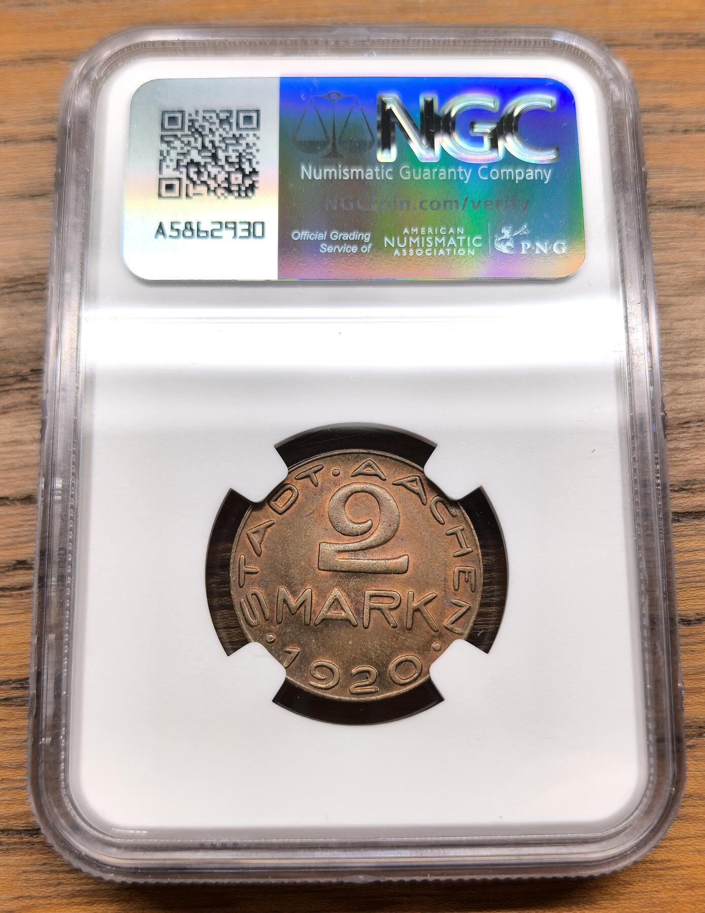凡希社世界钱币微拍月度大拍（2025/07） 1920德紧亚琛2马克黄铜币NGC-MS64
