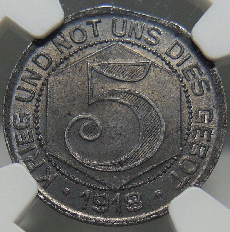 博洋堂德系小专场暨第132期（全场包邮） NGC MS64 少见错币！德紧德国卡尔夫1918年5芬尼铁币