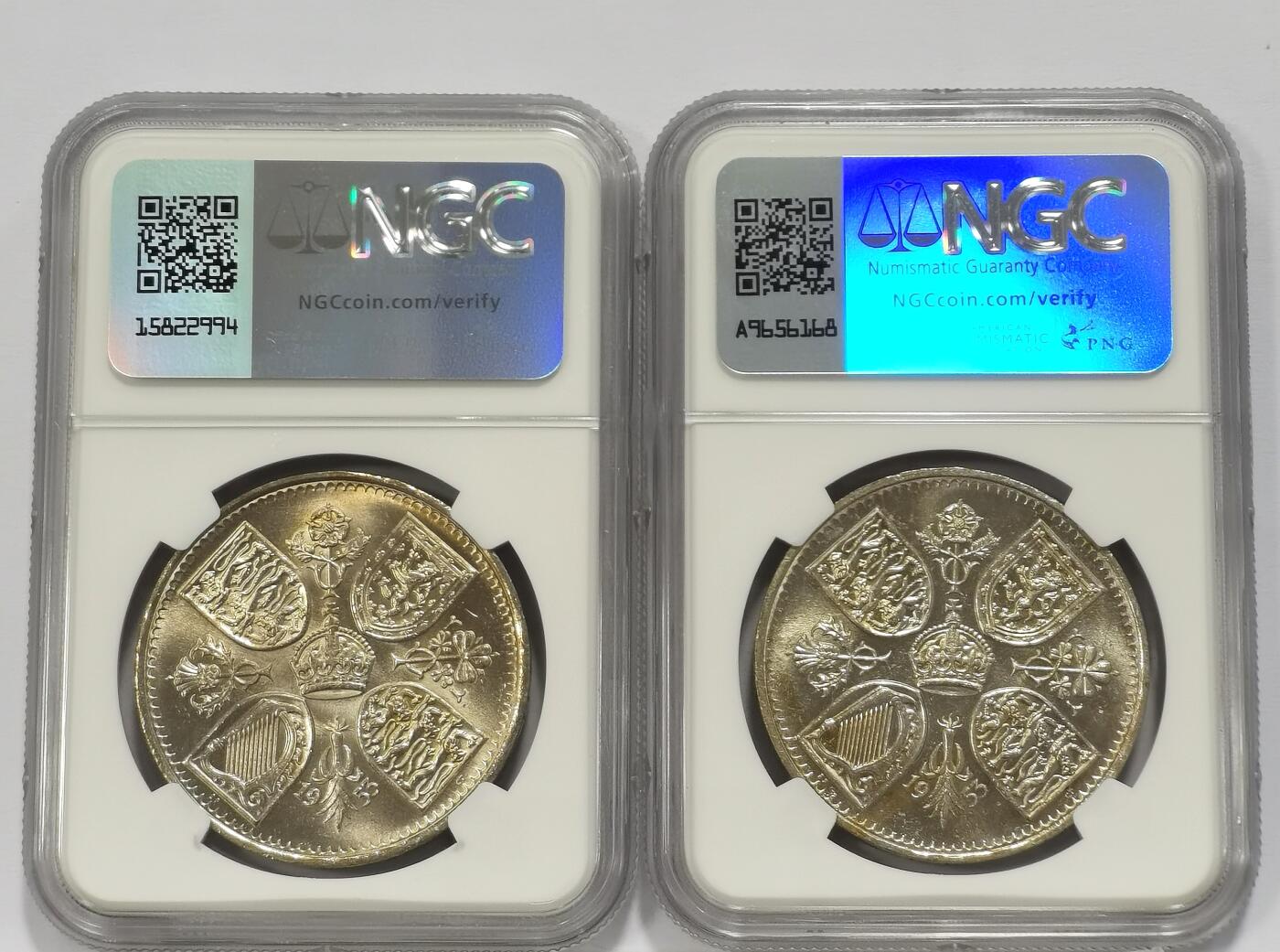 博洋堂德系小专场暨第132期（全场包邮） NGC MS64 英国1953年伊丽莎白二世登基纪念克朗2枚一对