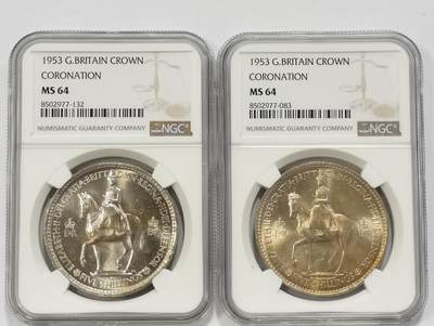 博洋堂德系小专场暨第132期（全场包邮） - NGC MS64 英国1953年伊丽莎白二世登基纪念克朗2枚一对