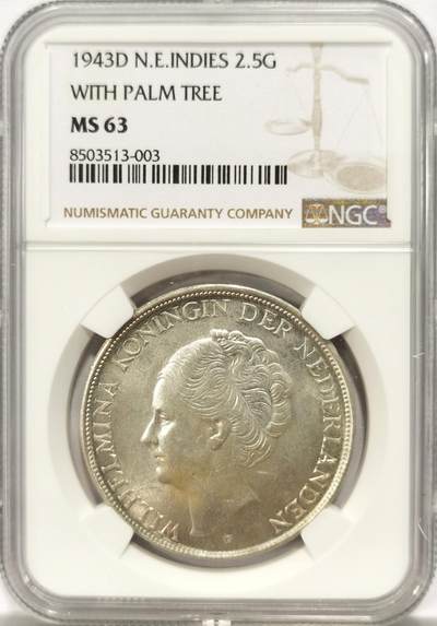 博洋堂德系小专场暨第132期（全场包邮） - NGC MS63 荷属东印度1943年威廉明娜2.5盾大银币，极美BU原光好品。