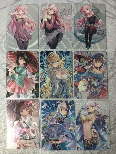 花开卡拍第32期（7月27号周日截拍，品控勿拍!!!拍品不寄存，运费5元，自制卡难免瑕疵，可能存在轻微撞角爆边等出厂瑕疵，品控介意勿拍！） - 动漫美女卡牌 亮纹粗闪 一套9张 