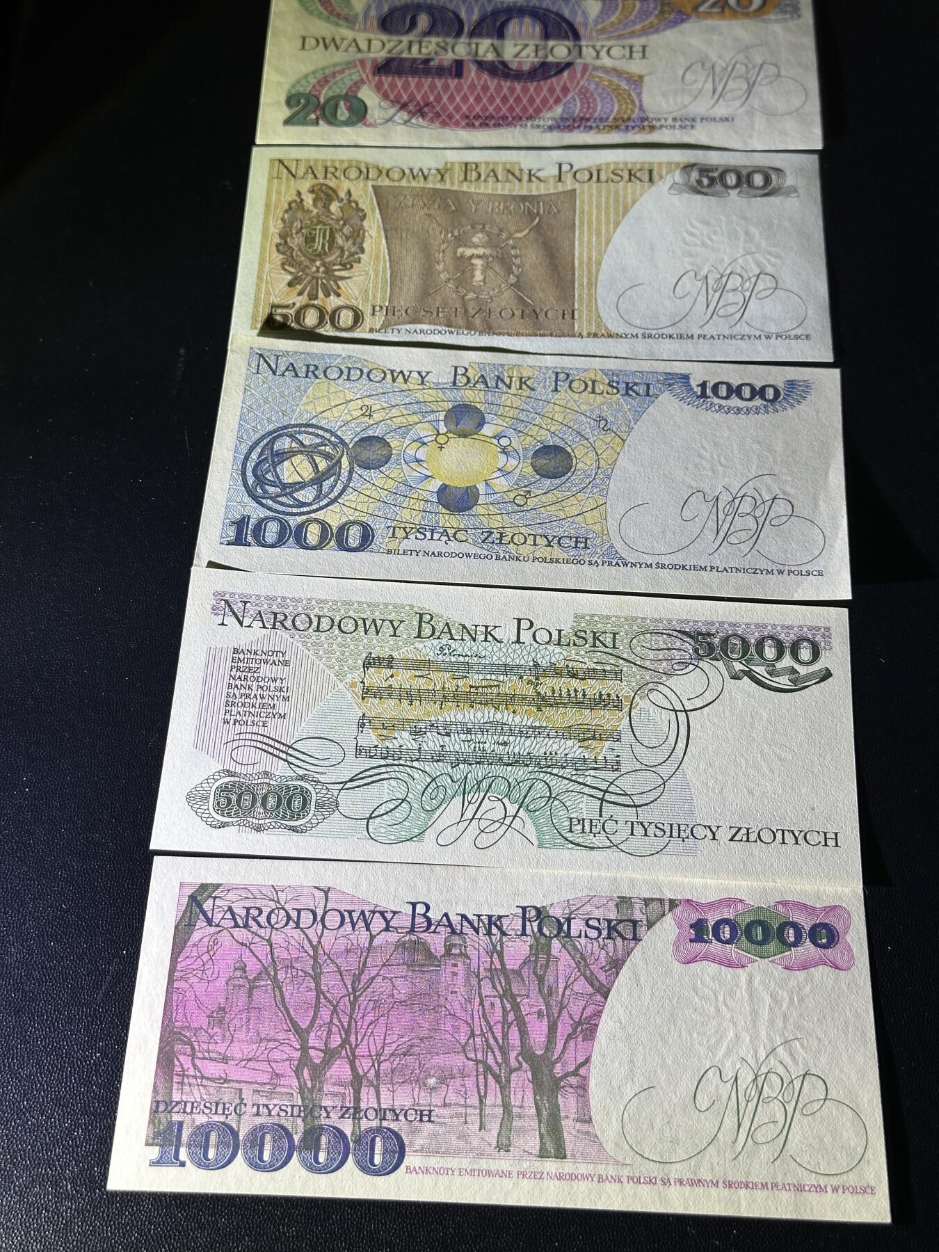 《外钞收藏家》第五百五十一期（本期外币强钞精品场）（本平台长期征集拍品、欢迎藏友们联系合作） 波兰20、500/1000（哥白尼）5000（肖邦）1万共五张	UNC