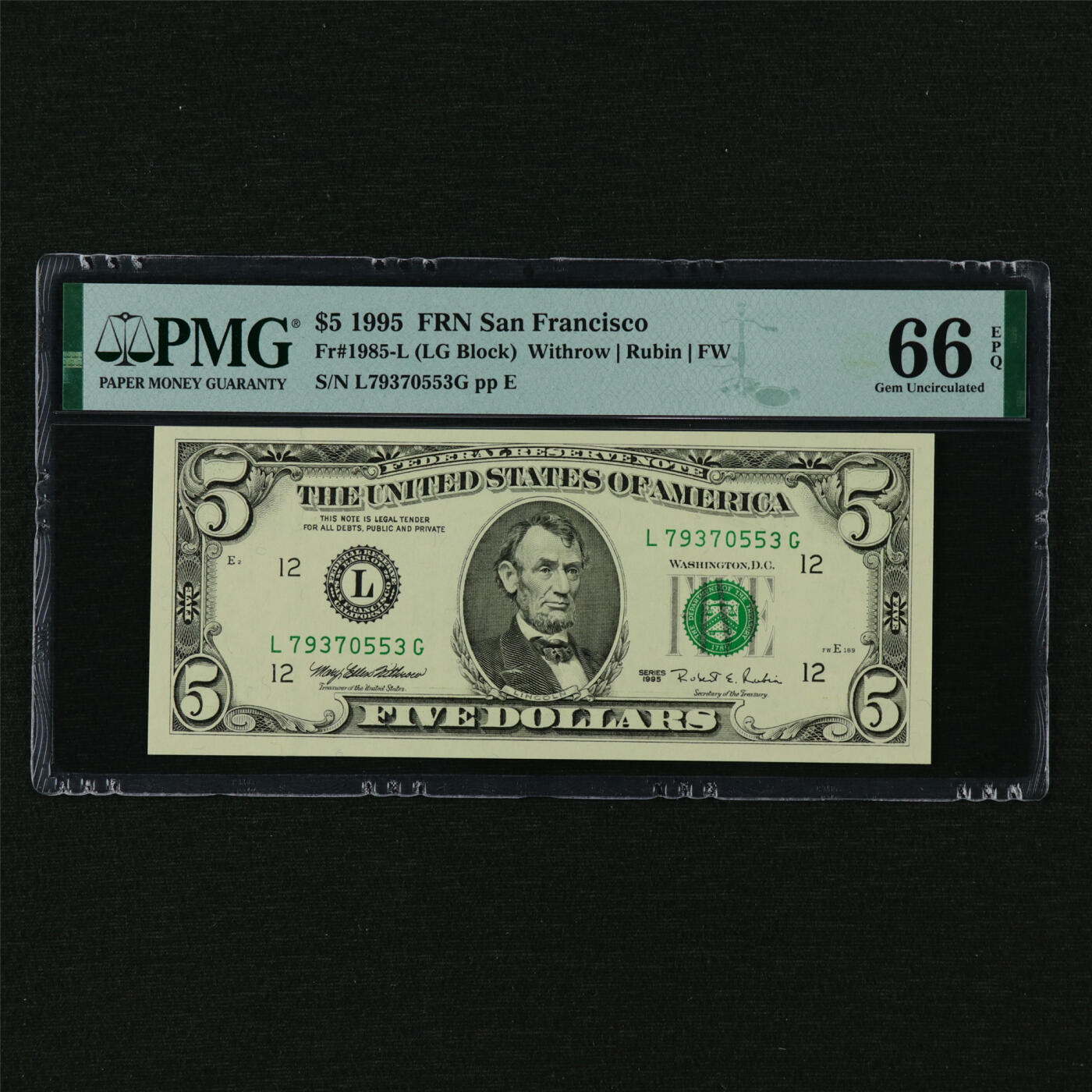 【亘邦集藏】第210期拍卖 1995年 美国5美元 PMG 66EPQ L79370553G