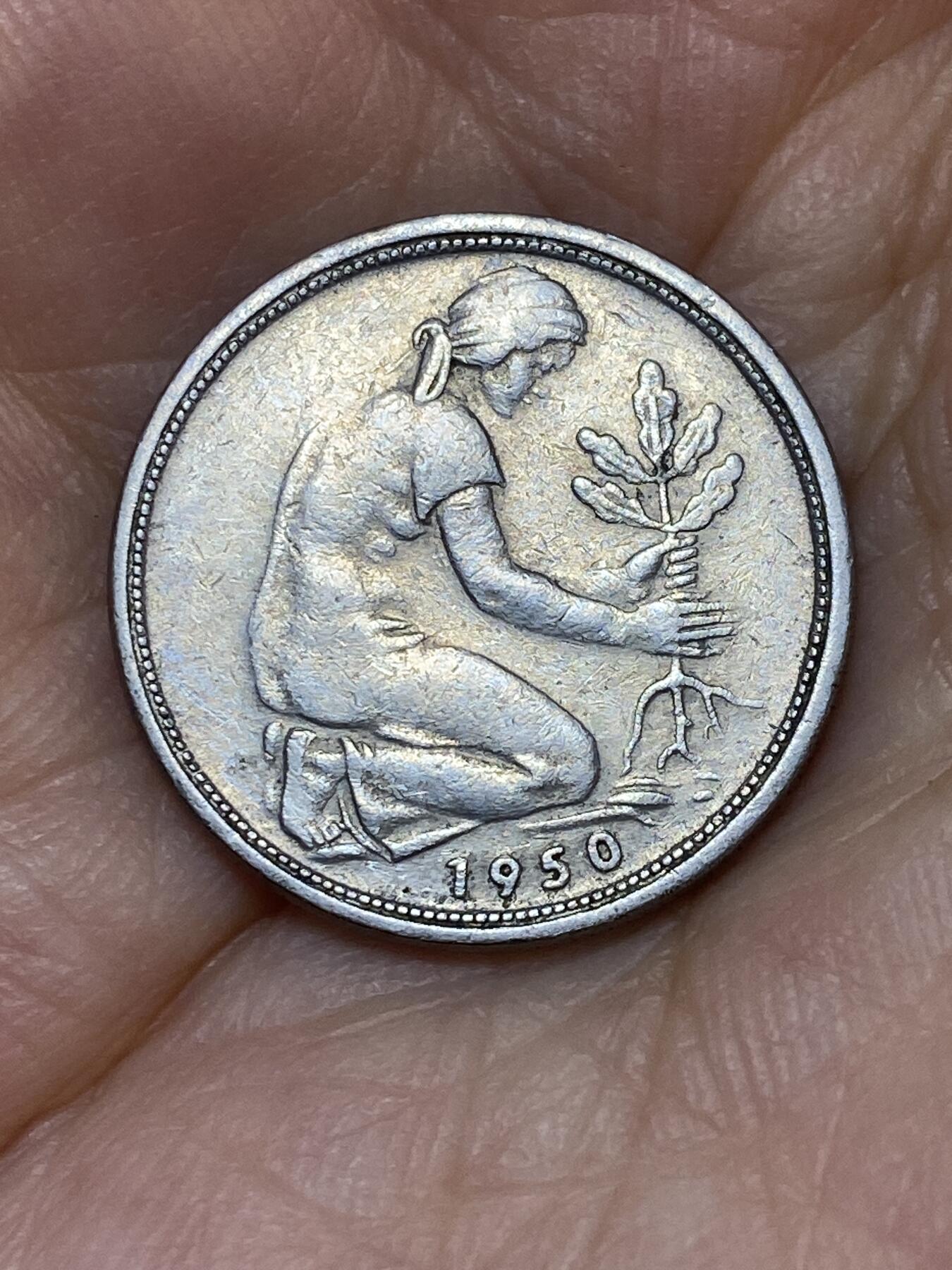 2025年第七十一场(总第九十七场）外国好品散币(免佣金) 德国🇩🇪1950年50芬尼(早期齿边版，G标，卡尔斯鲁厄造，首发年最少厂标)