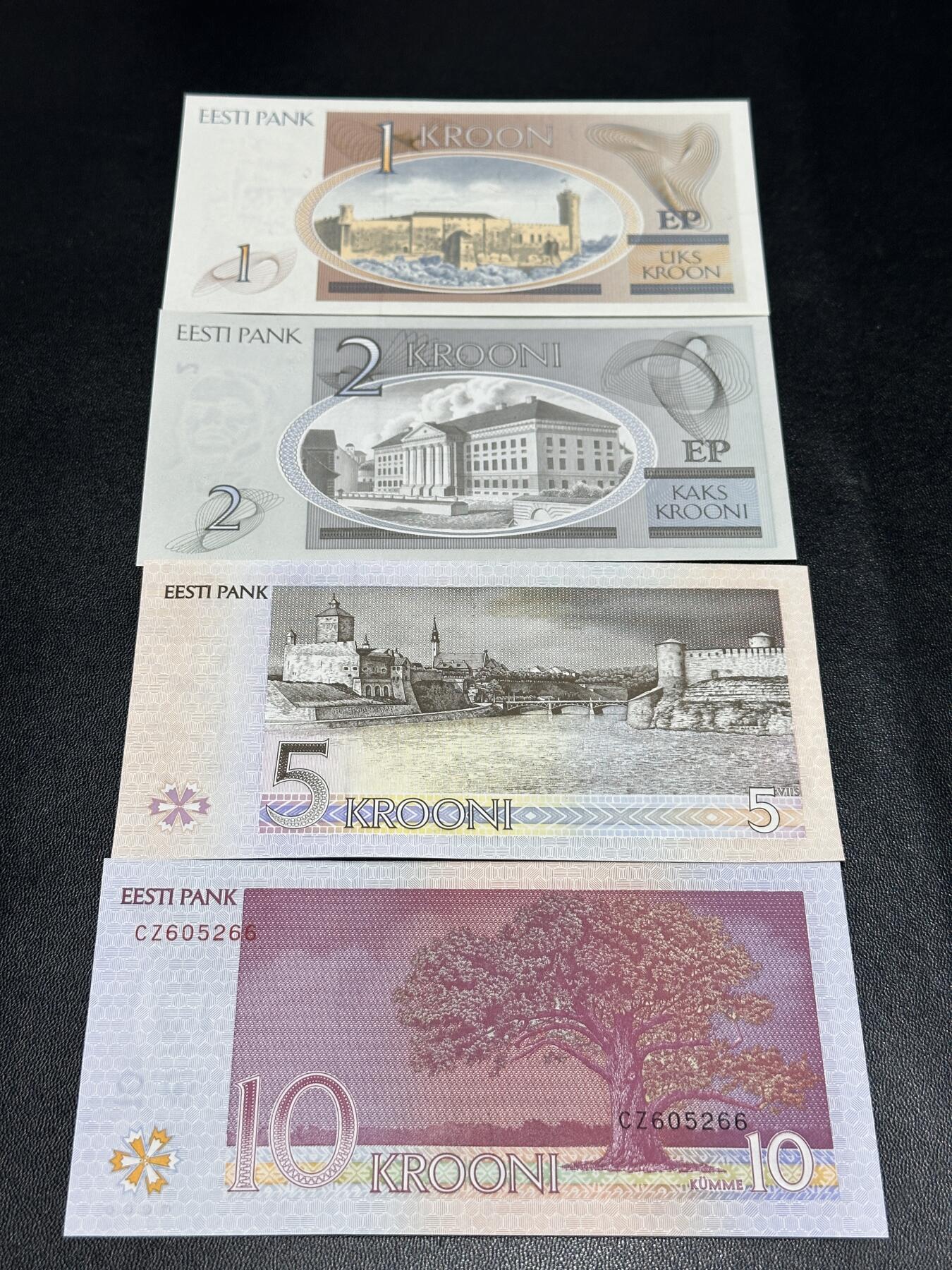 《外钞收藏家》第五百五十一期（本期外币强钞精品场）（本平台长期征集拍品、欢迎藏友们联系合作） 爱沙尼亚1/2/5/10克朗四张一套	UNC