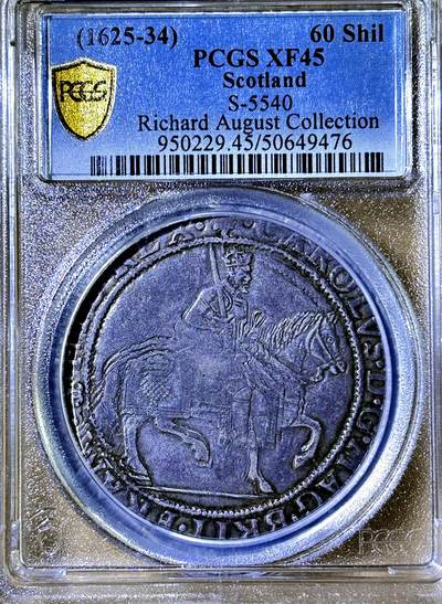 【Blue Auction】世界纸币精拍第702期【精】—— 18级TOP拍卖/信誉/品质/专业/高效💫 - 【首版唯一冠军分 用了詹姆斯一世的模具头朝右非常罕见 名家旧藏】苏格兰 查理一世（欧洲第一个上断头台的国王）1625-34年60先令（克朗）大银币 加厚盒子 30克左右 马头的鬃毛、马身上代表苏格兰的“蓟”、君主脸部及铭文清晰可见 查理一世任何克朗都非常珍贵 尤其是如此好品相的（此款非常有意义唯一头像朝右的 VF25分21年拍了2520美金 高分可遇不可求 目录价40分就5000美金了）   