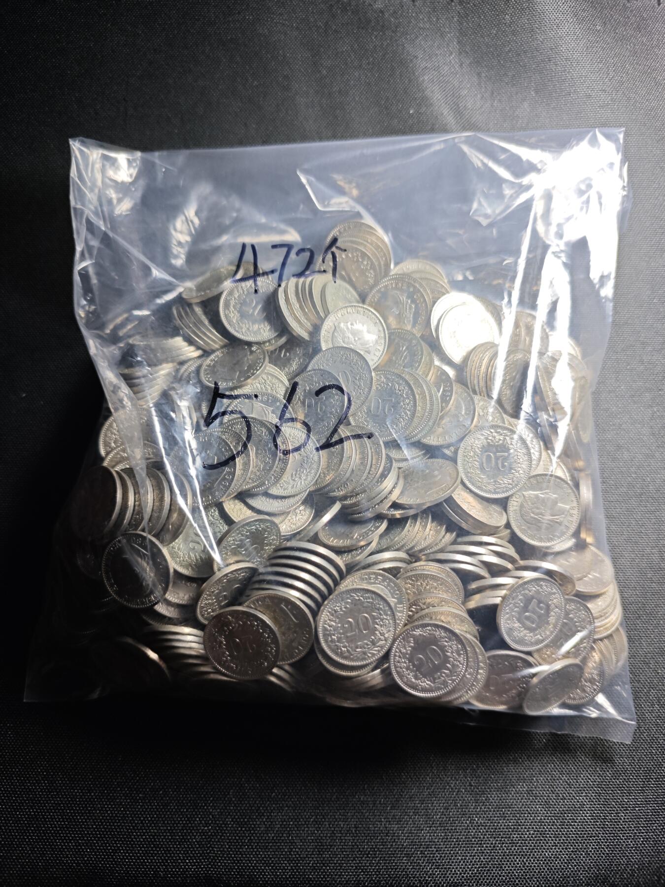 KK钱币收藏小铺 《批量/好品散币 套币 银币》专场 2月预留时间 周末发货  瑞士20分一组472枚 各种年份 面值94.4法郎!