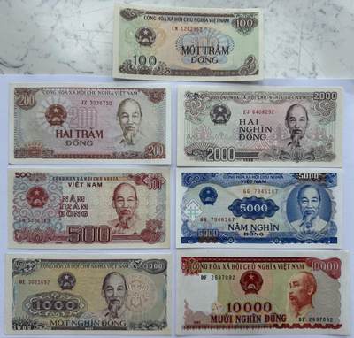 2025第19场（总第219期）：精品测试钞、外钞综合场  - 越南1987-93年版100、200、500、1000、2000、5000、10000盾一组7枚UNC（个别有黄斑）
