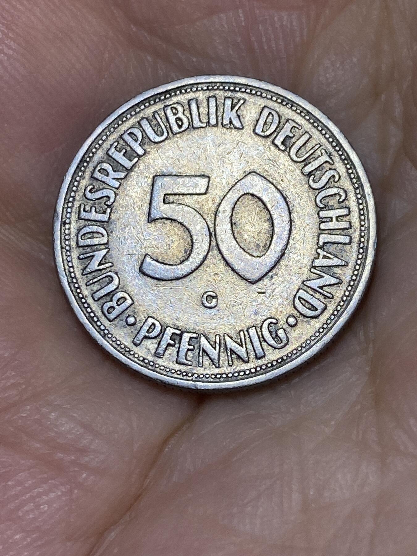 2025年第七十一场(总第九十七场）外国好品散币(免佣金) 德国🇩🇪1950年50芬尼(早期齿边版，G标，卡尔斯鲁厄造，首发年最少厂标)