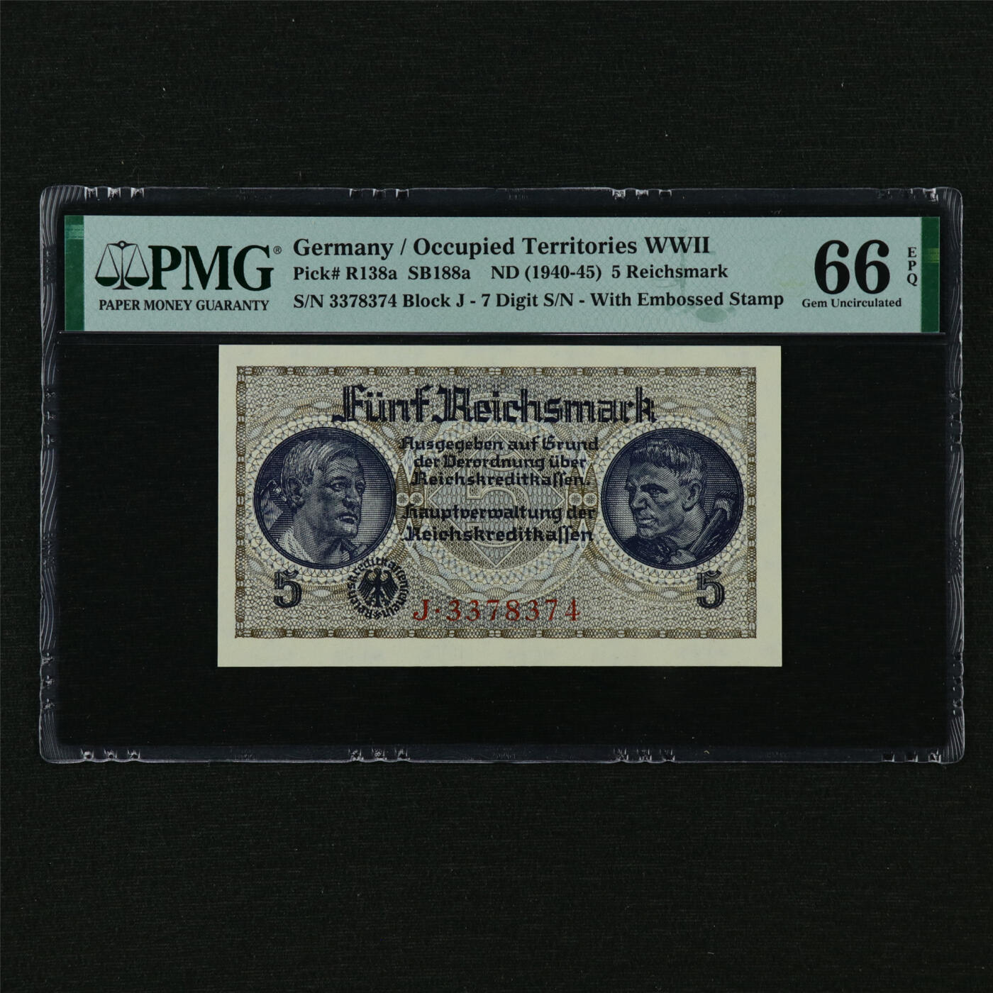 【亘邦集藏】第210期拍卖 1940-45年 德国5马克 PMG 66EPQ 3378374
