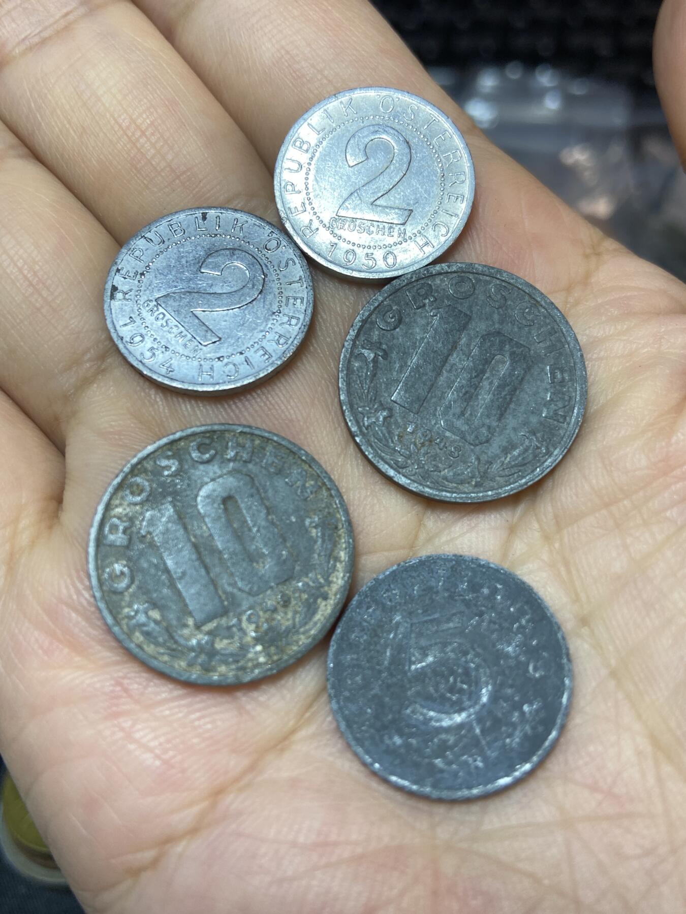 2025年第七十一场(总第九十七场）外国好品散币(免佣金) 奥地利🇦🇹5枚：1950年、1954年2格罗申，5格罗申、1948年10格罗申
