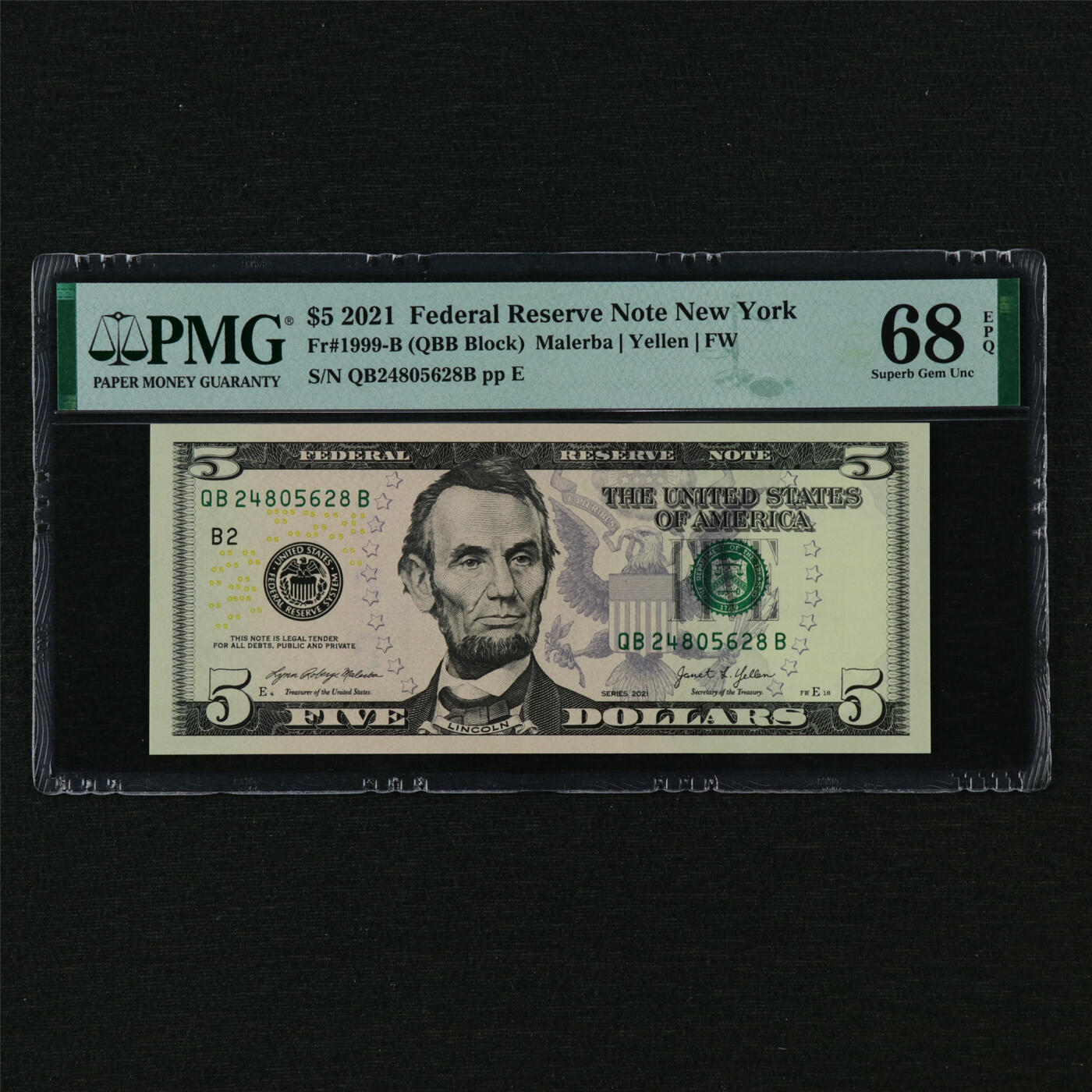 【亘邦集藏】第210期拍卖 2021年 美国5美元 PMG 68EPQ QB24805628B