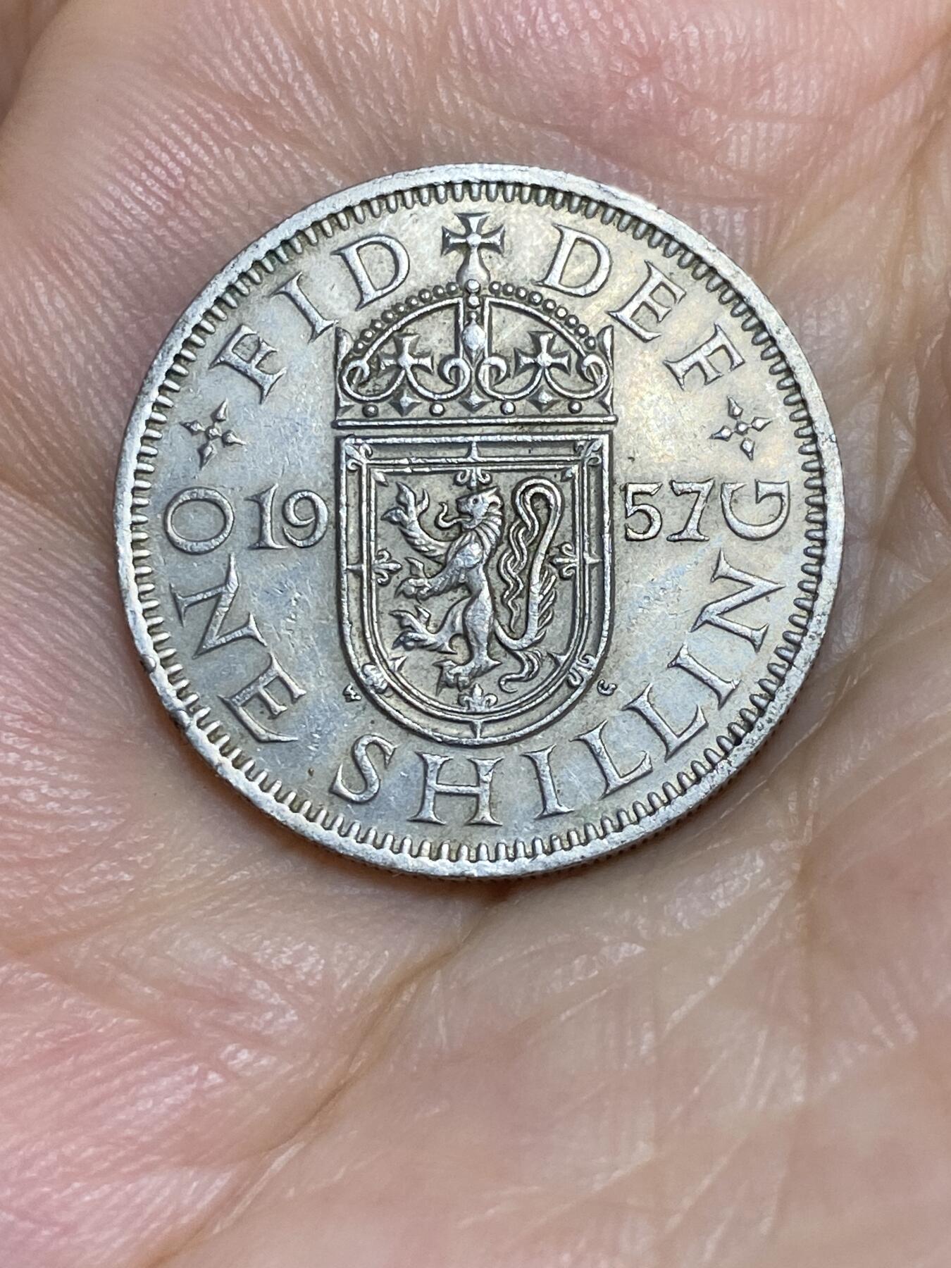 2025年第七十一场(总第九十七场）外国好品散币(免佣金) 稀年–英国🇬🇧1957年1先令(伊丽莎白二世青年桂冠第二版，苏格兰盾徽版)