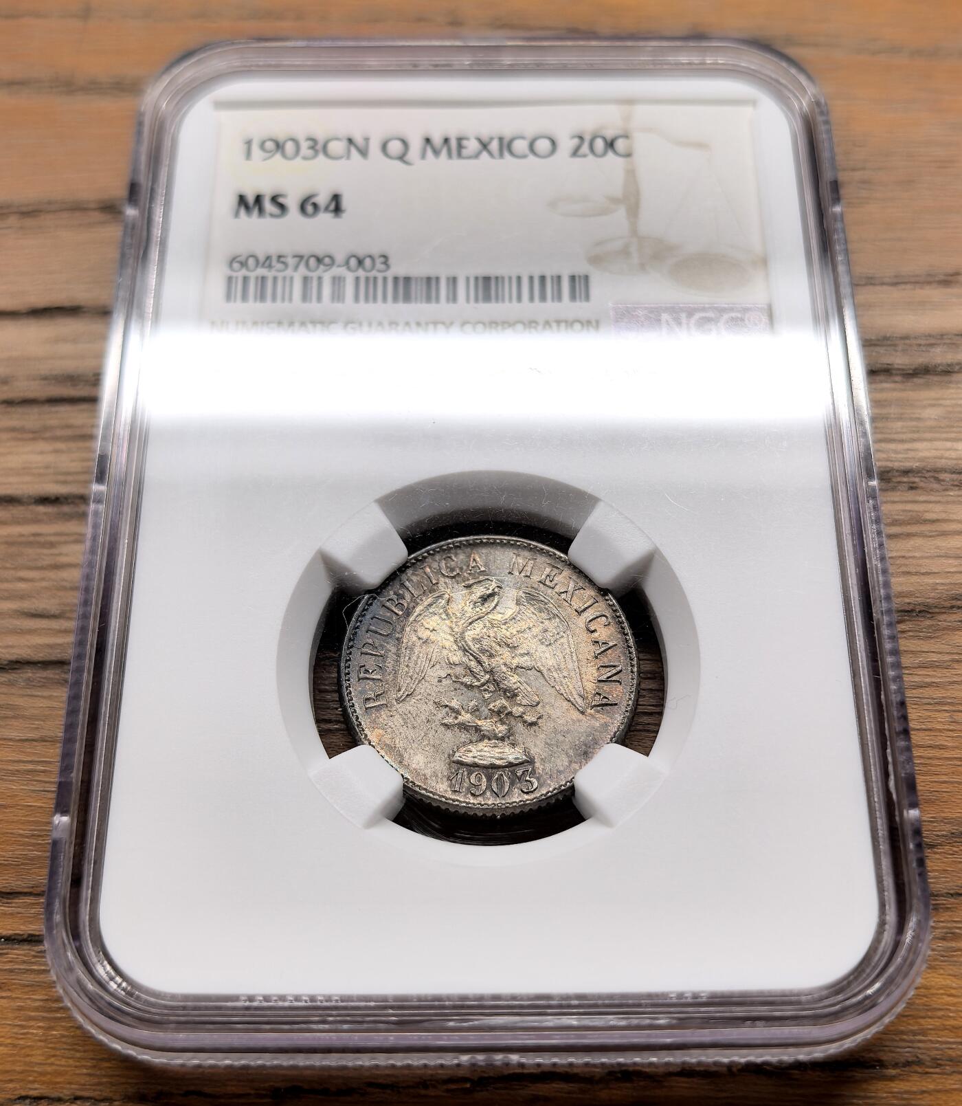 凡希社世界钱币微拍月度大拍（2025/07） 1903墨西哥鹰洋20分银币NGC-MS64，焦糖五彩，引人入胜的一枚！