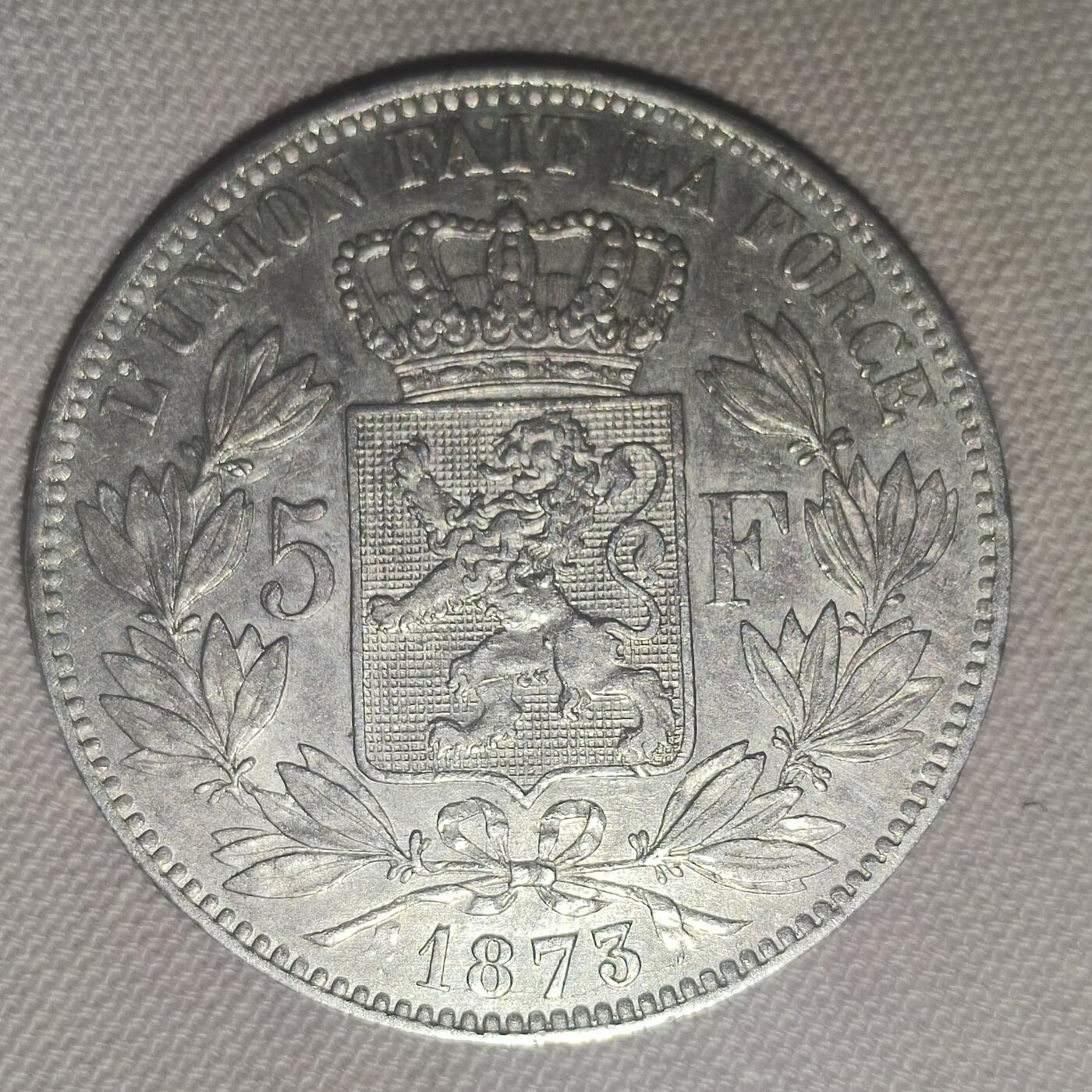 银币-章牌 1875年比利时五法郎银币  保真 原低评级后拆盒，盒子破损，要的一起发，品较好。