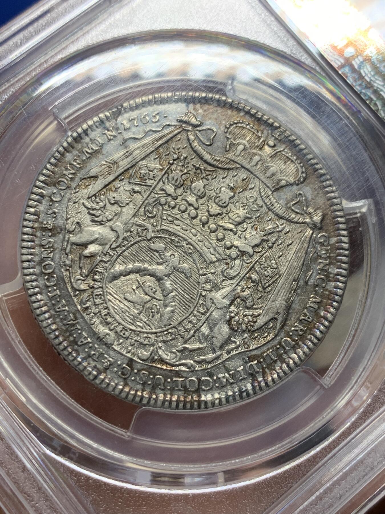 《竞宝斋》第405场 周日，周一，2场连拍 （全场包邮） 唯一冠军分 PCGS AU53 神圣罗马帝国 1765 奥地利 巴提亚尼亲王 1/2泰勒银币 单一年份 发行量极少 2023欧拍裸币到过1.3W成交 值得入手