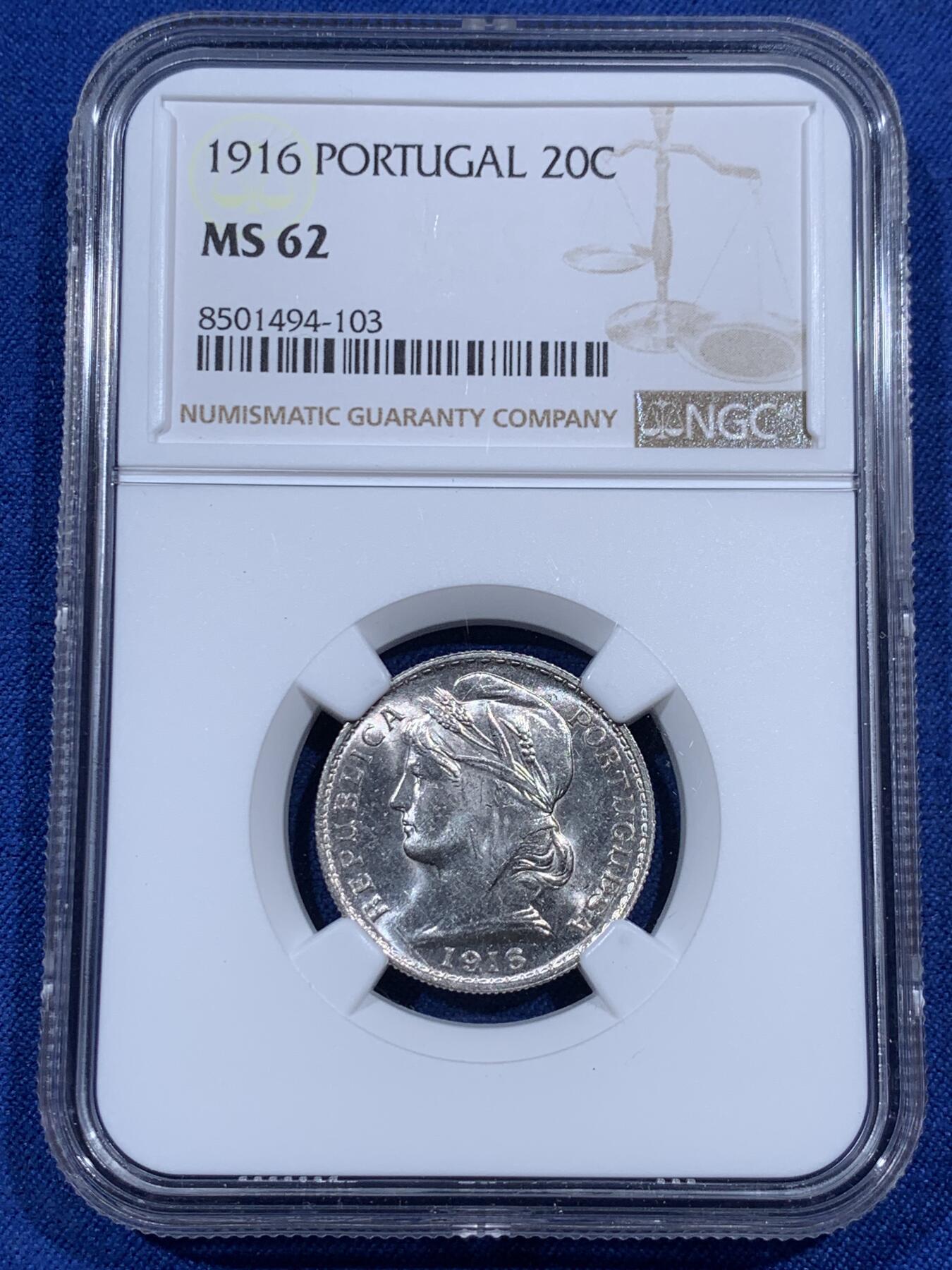 《竞宝斋》第405场 周日，周一，2场连拍 （全场包邮） NGC MS62 葡萄牙1916年自由女神20分银币