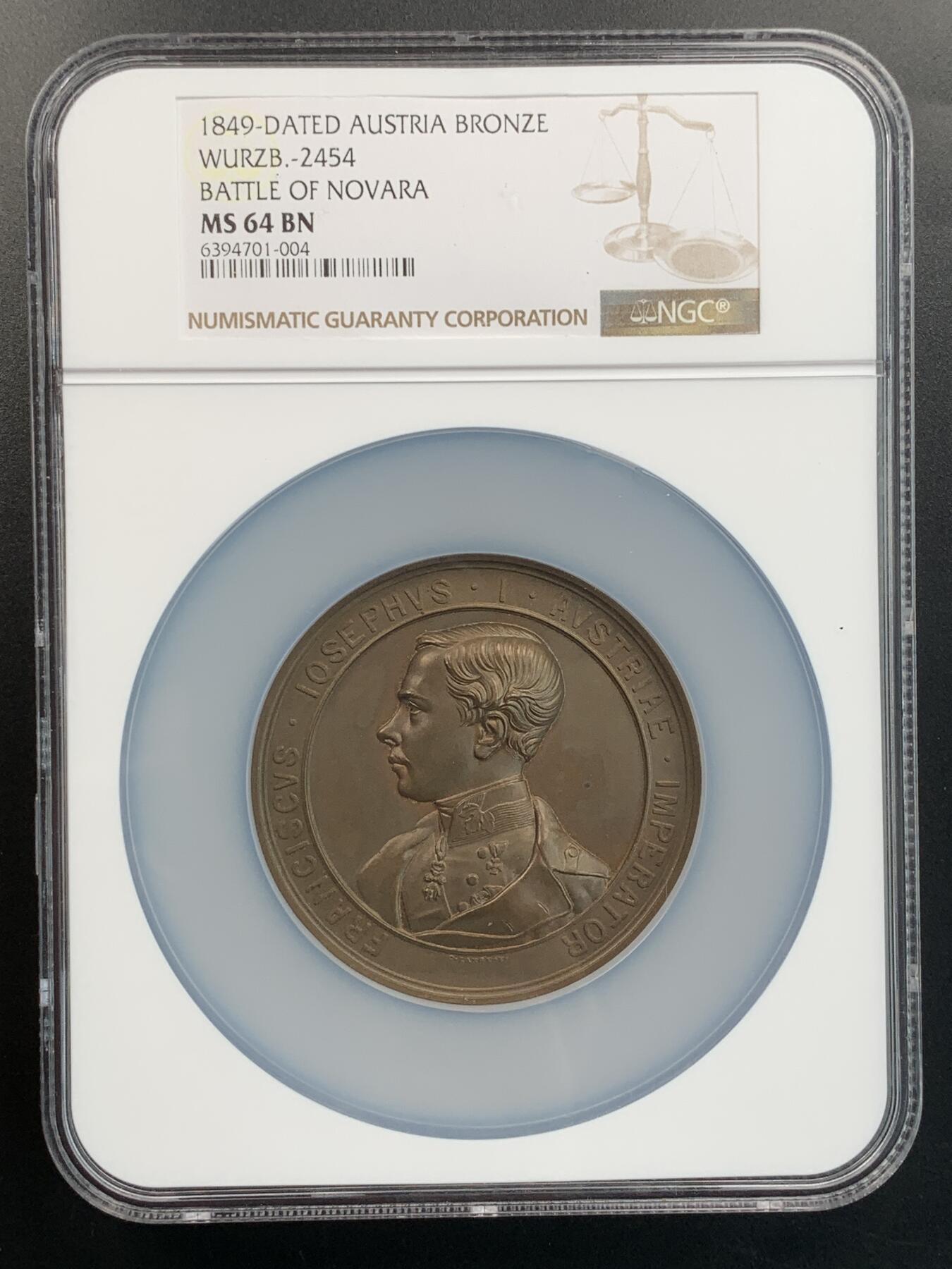 掌中浮雕-藏着的欧洲第032场 NGC MS64: 1849年奥地利弗朗茨·约瑟夫一世 诺瓦拉战役获胜纪念大铜章， 64mm