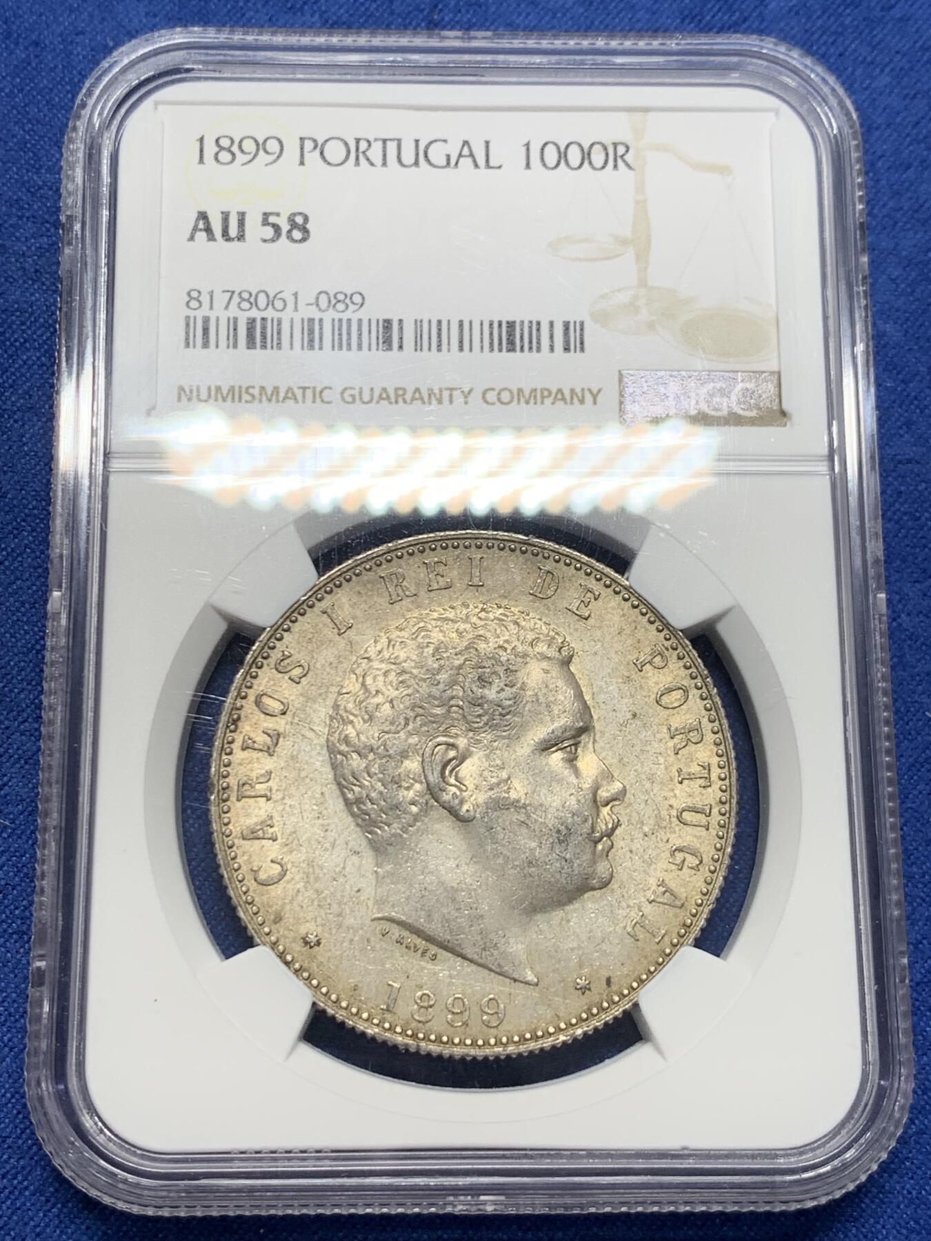 《竞宝斋》第405场 周日，周一，2场连拍 （全场包邮） NGC AU58 葡萄牙1899年卡洛斯一世头像1000瑞斯大银币