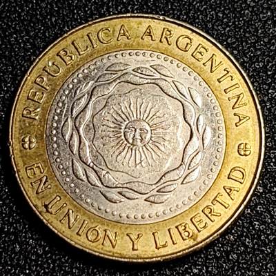 泉币菌-第64场-精品场 阿根廷2比索 太阳神双色币 24.5mm美洲币