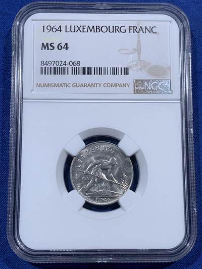 《竞宝斋》第405场 周日，周一，2场连拍 （全场包邮） - NGC MS64 卢森堡1964年1法郎