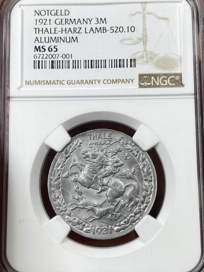 万国钱币拍卖第050期（万国五十期纪念大拍） - NGC MS65 1921年德国魏玛共和国紧急时期塔勒哈茨市3马克紧急货币 铝制BU完美品相