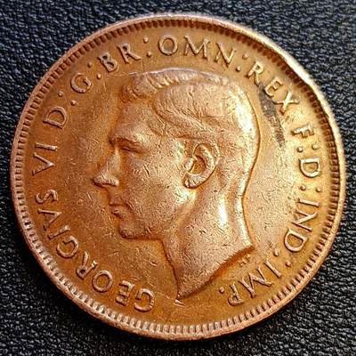 泉币菌-第63场-精品场 极美 英国1944年 1便士 大铜币 二战期间  袋鼠 乔治六世国王 31mm