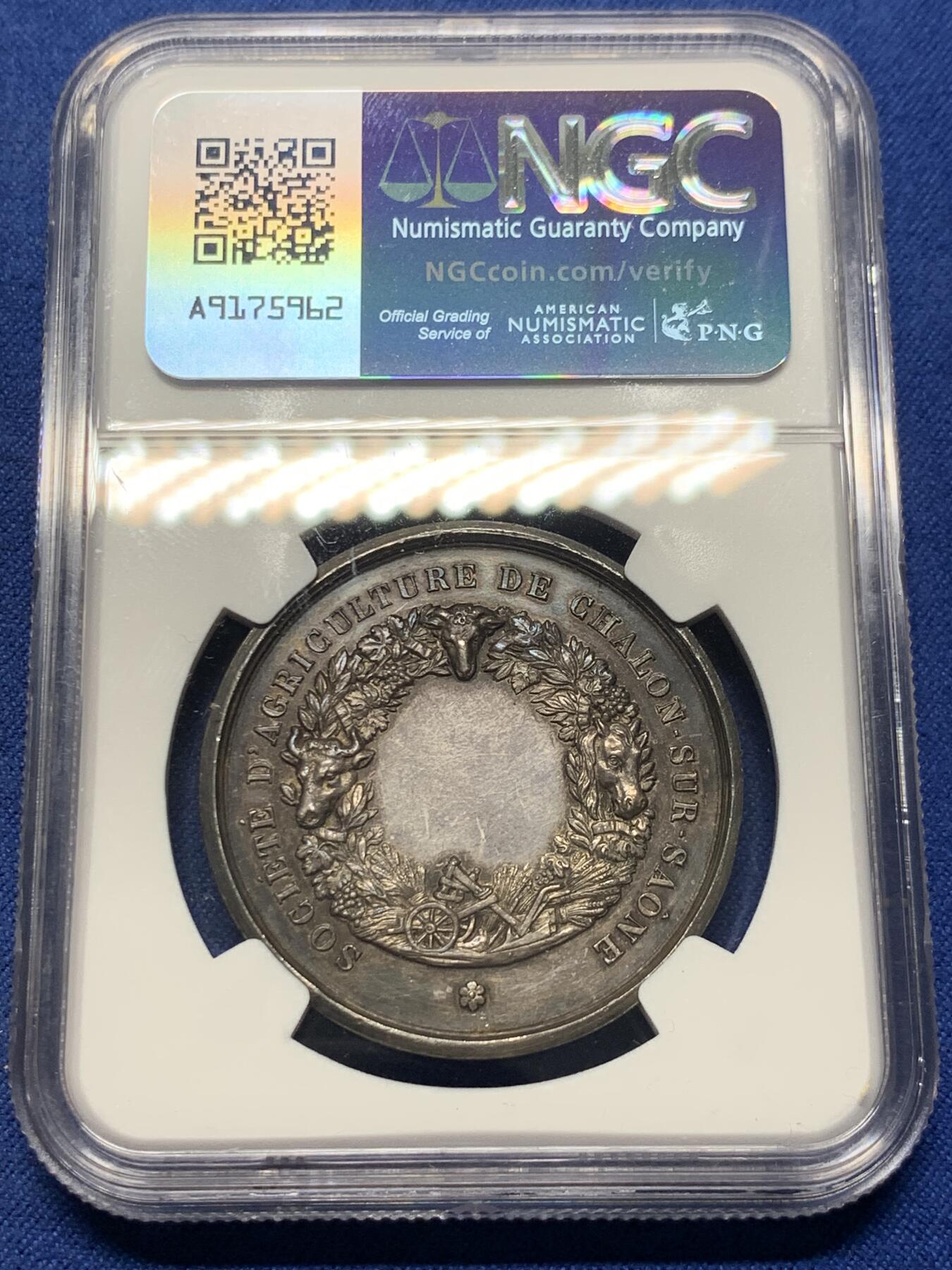 《竞宝斋》第405场 周日，周一，2场连拍 （全场包邮） NGC MS62 法国农业银质奖章 五彩包浆 36mm 丰饶角