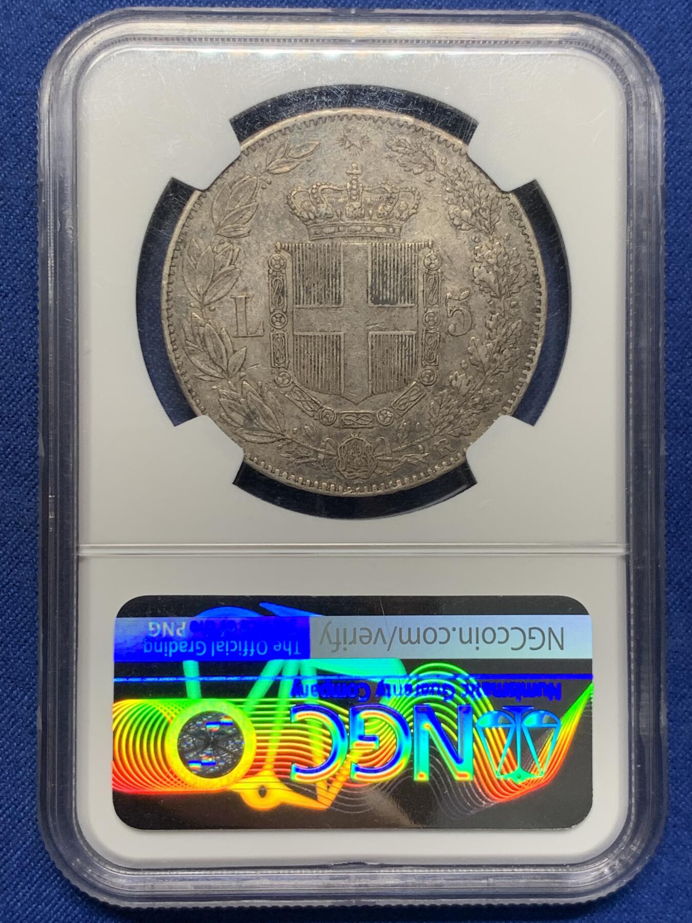 《竞宝斋》第405场 周日，周一，2场连拍 （全场包邮） NGC AU53 意大利1879年翁贝托一世，五里拉大银币，通货能见，有分原包浆不多，非常漂亮的欧洲老灰包浆