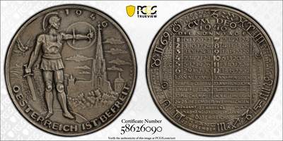 万国钱币拍卖第050期（万国五十期纪念大拍） - PCGS SP64  Lot.18 PCGS SP64 1946年奥地利解放第一年星座日历大银章 欧洲解放二战后首年 和平鸽围绕着战神阿瑞斯 战后的城市景观教堂依然屹立 此年元首生日已赫然消失 44MM 20G