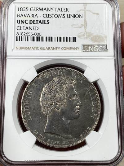 万国钱币拍卖第050期（万国五十期纪念大拍） - NGC UNCD 1835年德国巴伐利亚路德维希一世纪念巴登加入关税同盟历史大泰勒 历史系列中的少见品种 双面黑彩