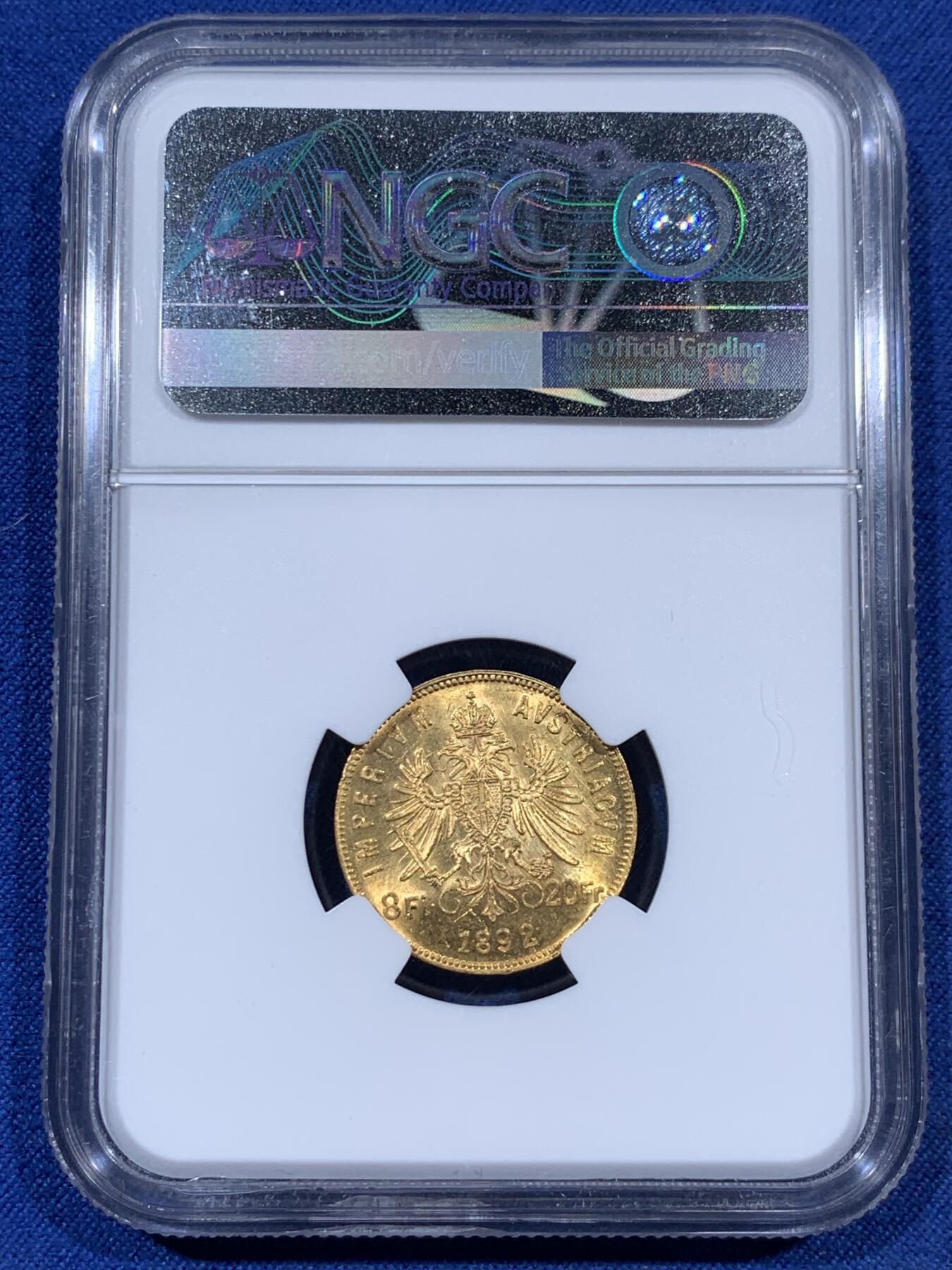 《竞宝斋》第405场 周日，周一，2场连拍 （全场包邮） NGC MS62 奥地利1892年20法郎金币 6.45克 900金 RESTRIKE