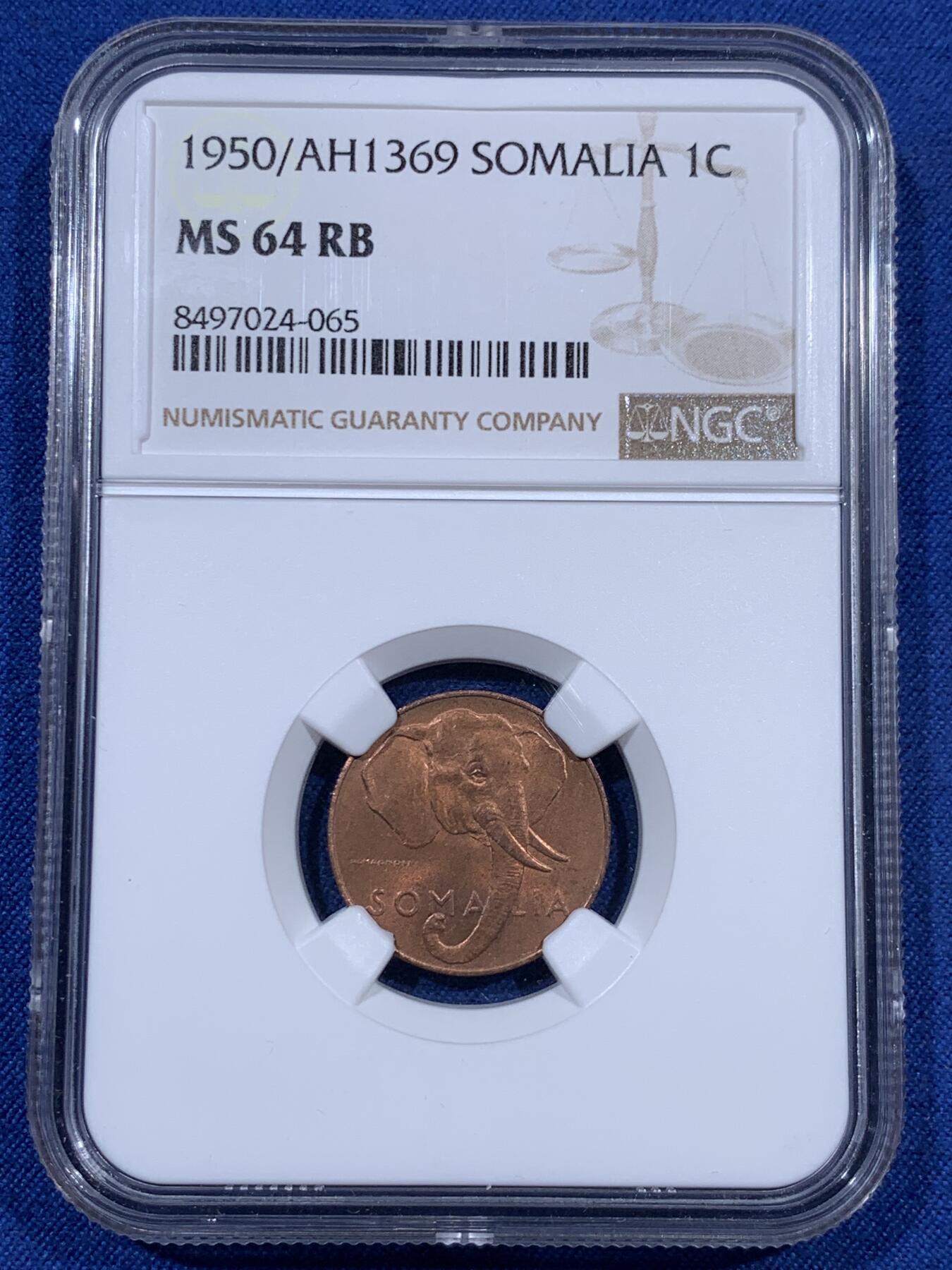 《竞宝斋》第405场 周日，周一，2场连拍 （全场包邮） NGC MS64RB 索马里1950年1大象1分铜币