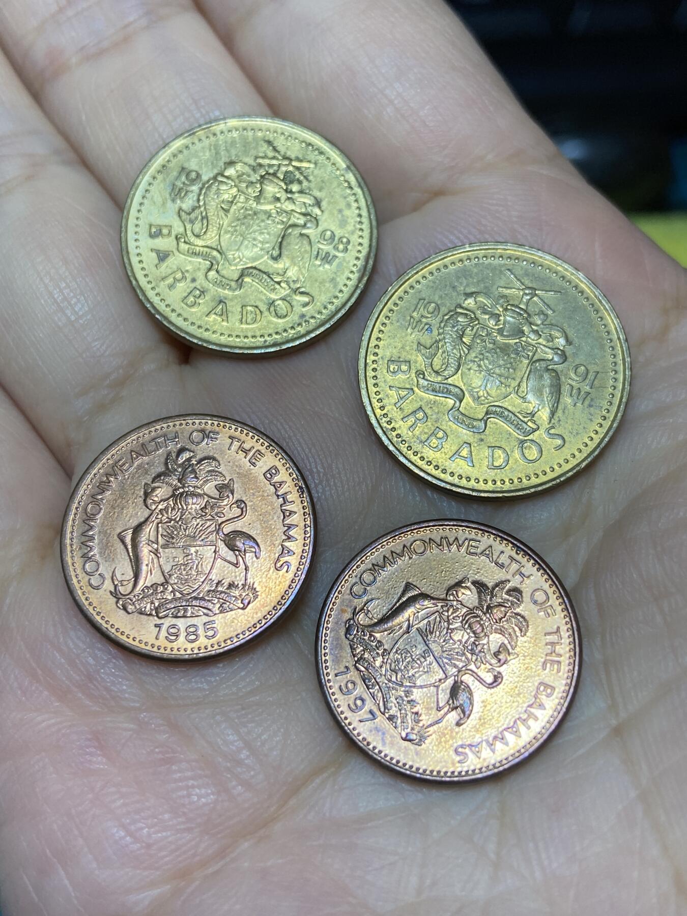 2025年第七十一场(总第九十七场）外国好品散币(免佣金) 4枚：巴巴多斯🇧🇧1991年、1998年5分，巴哈马🇧🇸1985年、1997年1分