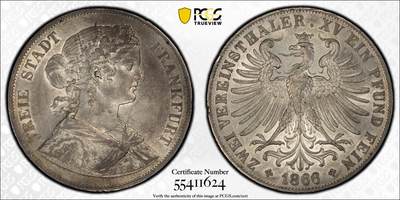 万国钱币拍卖第050期（万国五十期纪念大拍） - PCGS AU55 1866年德国法兰克福少女流通2泰勒 原味一色酱彩包浆 观感超越分数