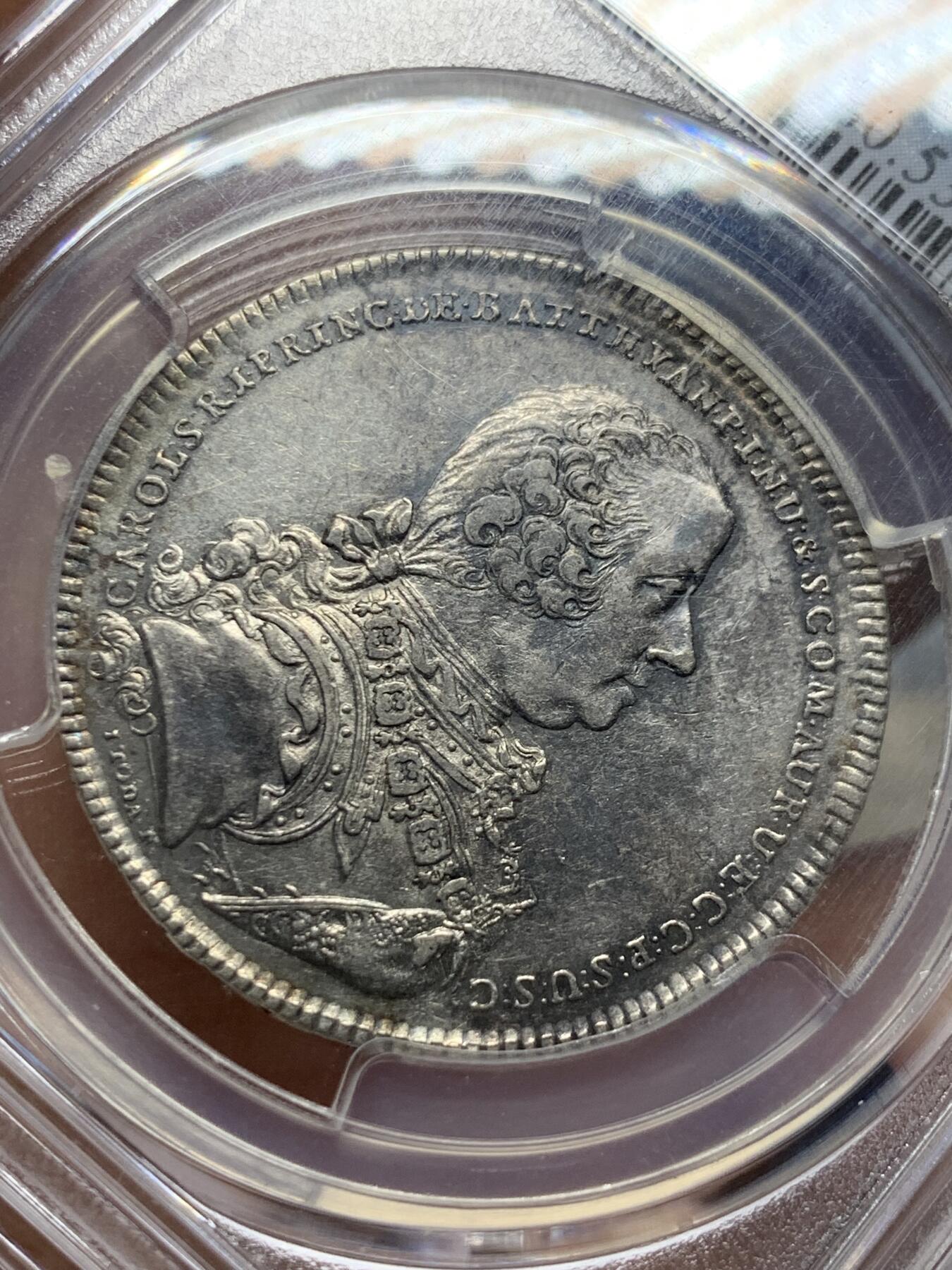 《竞宝斋》第405场 周日，周一，2场连拍 （全场包邮） 唯一冠军分 PCGS AU53 神圣罗马帝国 1765 奥地利 巴提亚尼亲王 1/2泰勒银币 单一年份 发行量极少 2023欧拍裸币到过1.3W成交 值得入手