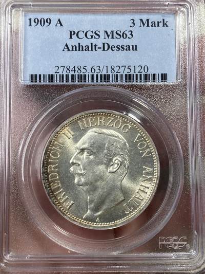 万国钱币拍卖第050期（万国五十期纪念大拍） - PCGS MS63 1909年安哈特-德绍流通长翅3马克 单年发行的小邦流通品种 小而精的代表 原味银霜转光