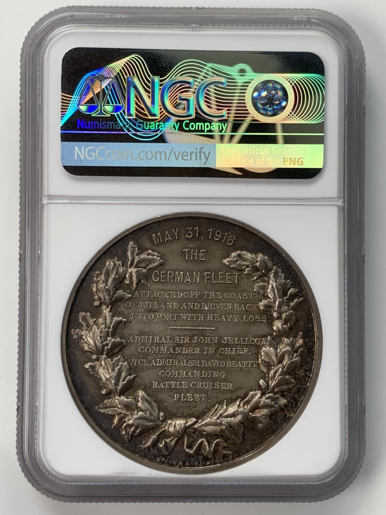 掌中浮雕-藏着的欧洲第032场 NGC MS66 : 英国1916年日德兰海战纪念银章，45mm
