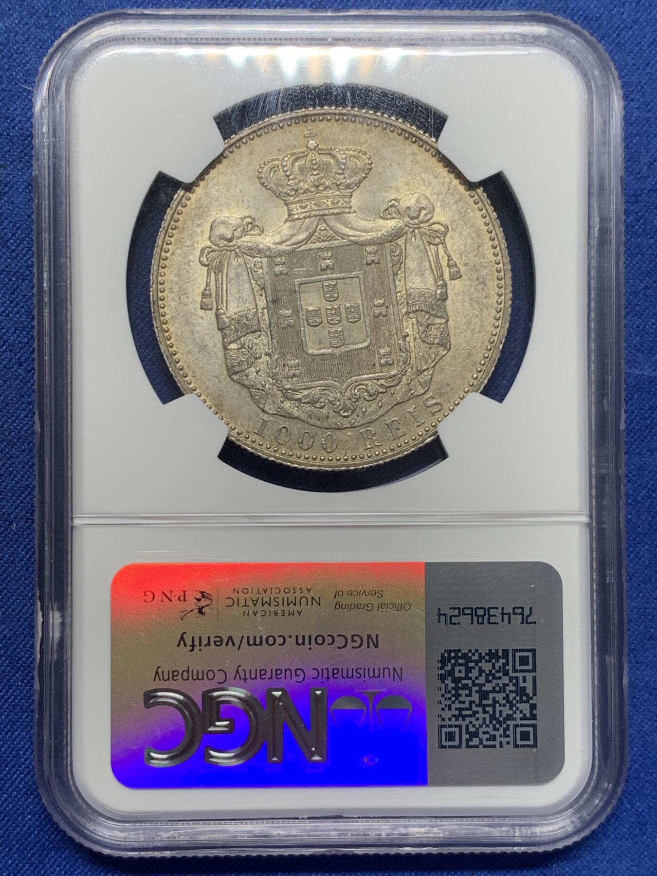 《竞宝斋》第405场 周日，周一，2场连拍 （全场包邮） NGC AU58 葡萄牙1899年卡洛斯一世头像1000瑞斯大银币