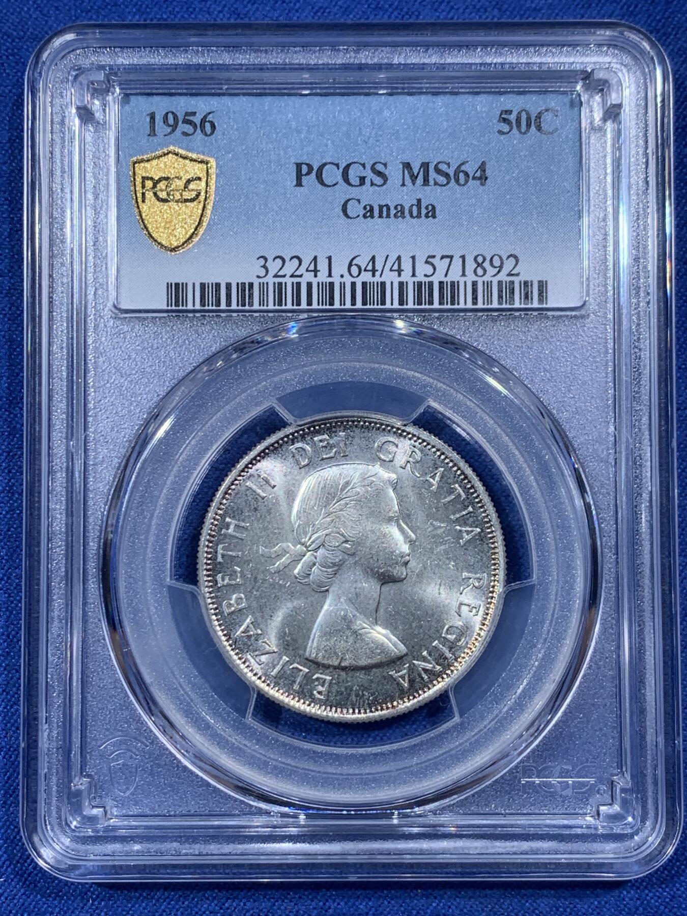 《竞宝斋》第405场 周日，周一，2场连拍 （全场包邮） PCGS MS64 加拿大1956年伊丽莎白女王50分银币，流通版，女王首版年轻头像。此版60年代的高分多见，50年代的高分不多，外拍热门品种