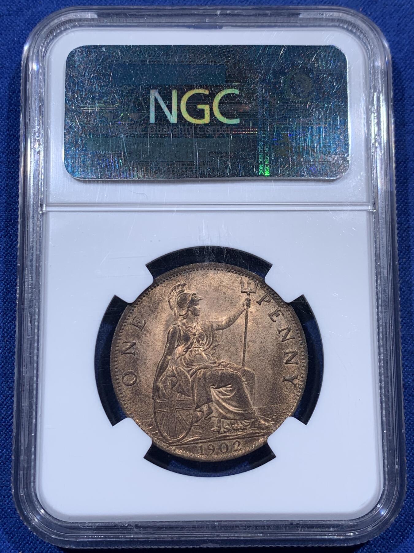 《竞宝斋》第405场 周日，周一，2场连拍 （全场包邮） 冠军分 NGC MS66RB 英国1902年爱七便士铜币，高海平面版本